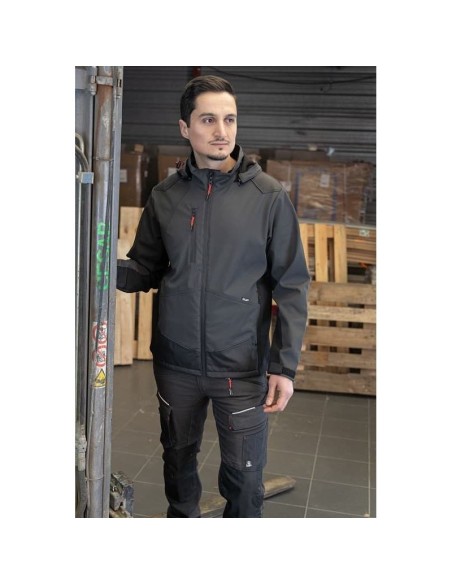 VESTE SOFTSHELL A CAPUCHE ROCK - GRIS ROUGE 